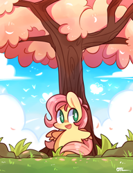 Size: 920x1200 | Tagged: safe, artist:php56, fluttershy, pegasus, pony, :d, chibi, cloud, cloudy, grass, happy, sky, solo, tree