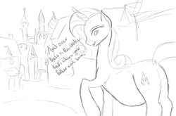 Size: 1719x1135 | Tagged: safe, artist:patch, rarity, pony, unicorn, belly, canterlot, looking back, monochrome, pregnant, raised hoof, sketch, smiling, solo, tour