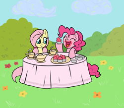 Size: 1280x1117 | Tagged: safe, artist:marindashy, fluttershy, pinkie pie, earth pony, pegasus, pony, alternate hairstyle, cupcake, ponytails, tea, tea party, teacup, teapot