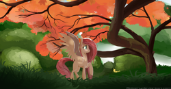 Size: 2300x1196 | Tagged: safe, artist:8bitamy, fluttershy, pegasus, pony, scenery, solo, tree