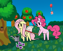 Size: 1100x900 | Tagged: safe, artist:marindashy, fluttershy, pinkie pie, earth pony, pegasus, pony, animal crossing, net, tree, video game