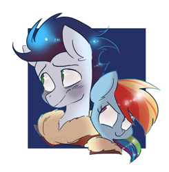 Size: 1026x1046 | Tagged: safe, artist:drawbauchery, derpibooru import, rainbow dash, soarin', pegasus, pony, abstract background, blushing, bomber jacket, clothes, female, jacket, male, mare, shipping, smiling, soarindash, stallion, straight