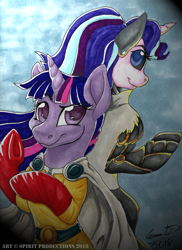 Size: 1024x1404 | Tagged: safe, artist:spirit--productions, starlight glimmer, twilight sparkle, pony, unicorn, clothes, costume, crossover, genos, one punch man, saitama, traditional art