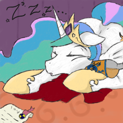 Size: 1024x1024 | Tagged: safe, artist:kasrkinmoonfox, princess celestia, alicorn, pony, alcohol, sleeping, solo, zzz