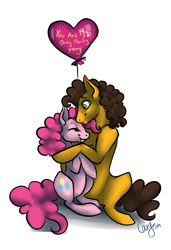 Size: 1280x1876 | Tagged: safe, artist:casynuf, cheese sandwich, pinkie pie, earth pony, pony, balloon, cheesepie, female, heart, heart balloon, hug, male, shipping, straight