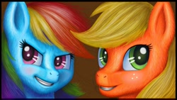 Size: 1280x720 | Tagged: safe, artist:joshwillz, derpibooru import, applejack, rainbow dash, earth pony, pegasus, pony, close-up, fluffy, smiling