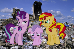 Size: 983x655 | Tagged: safe, diamond tiara, starlight glimmer, sunset shimmer, pony, unicorn, landfill, op is a cuck, op is trying to start shit, trash