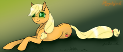 Size: 1024x440 | Tagged: safe, artist:pegasus20101000, applejack, earth pony, pony, female, mare, prone, solo