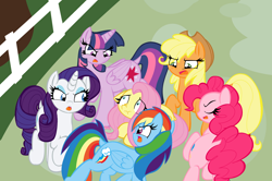 Size: 2884x1916 | Tagged: safe, artist:queentigrel, derpibooru import, applejack, fluttershy, pinkie pie, rainbow dash, rarity, twilight sparkle, twilight sparkle (alicorn), alicorn, earth pony, pegasus, pony, unicorn, bats!, female, mane six, mare, scene interpretation