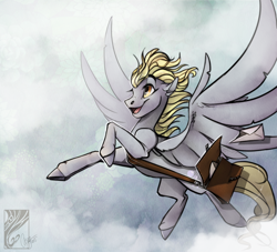 Size: 1024x931 | Tagged: safe, artist:casynuf, derpy hooves, pegasus, pony, female, flying, letter, mailbag, mailmare, mare, solo