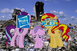 Size: 972x644 | Tagged: safe, diamond tiara, starlight glimmer, sunset shimmer, pony, unicorn, abuse, background pony strikes again, breaking news op continues to be a duck, dhx media, downvote bait, hasbro, landfill, op is a cuck, op is trying to start shit, tiarabuse, trash