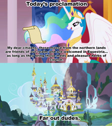 Size: 1021x1149 | Tagged: safe, princess celestia, alicorn, moose, pony, celestia's proclamation, drugs, exploitable meme, meme