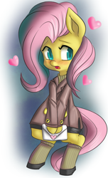 Size: 1191x1956 | Tagged: safe, artist:fauxsquared, fluttershy, pegasus, pony, blushing, clothes, letter, solo, sweater, sweatershy, turtleneck