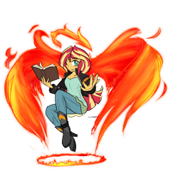 Size: 1000x1000 | Tagged: safe, artist:thattagen, sunset shimmer, equestria girls, book, fire, halo, magic, one eye closed, simple background, solo, sunset phoenix, transparent background, wings, wink