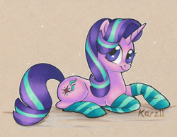 Size: 800x622 | Tagged: safe, artist:karzii, starlight glimmer, pony, unicorn, clothes, female, looking at you, mare, simple background, socks, solo, striped socks, stupid sexy starlight glimmer