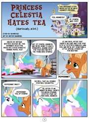 Size: 800x1109 | Tagged: safe, artist:mister-saugrenu, princess celestia, oc, oc:tea cozy, alicorn, pony, canterlot, comic, fanfic, princess celestia hates tea, tea