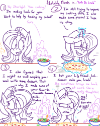 Size: 1280x1611 | Tagged: safe, artist:adorkabletwilightandfriends, spike, starlight glimmer, dragon, pony, unicorn, comic:adorkable twilight and friends, adorkable friends, angry, blushing, comic, dialogue, duo, female, food, jealous, lineart, lip bite, magic, male, mare, meat, pepperoni, pepperoni pizza, pizza, salad, slice of life, telekinesis