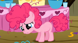 Size: 444x244 | Tagged: safe, screencap, pinkie pie, earth pony, pony, filly, messy mane, sad, solo