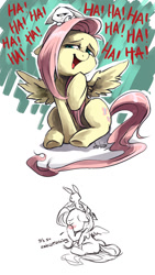 Size: 500x887 | Tagged: safe, artist:audrarius, angel bunny, fluttershy, pegasus, pony, blushing, dialogue, embarrassed, female, laughing, mare, noblewoman's laugh, open mouth