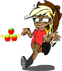 Size: 1177x1336 | Tagged: safe, artist:mushroomcookiebear, applejack, human, boots, freckle overload, freckles, humanized, messy hair, shrug, solo, tan