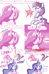 Size: 2000x3000 | Tagged: safe, artist:quarium, princess celestia, princess luna, twilight sparkle, alicorn, pony, ask princess moe-lestia, cake, cakelestia, cewestia, comic, cute, filly, tumblr