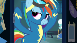 Size: 1920x1080 | Tagged: safe, derpibooru import, screencap, fleetfoot, rainbow dash, pegasus, pony, grannies gone wild, beautiful, bedroom eyes, clothes, goggles, lidded eyes, tv-y, uniform, wonderbolts uniform