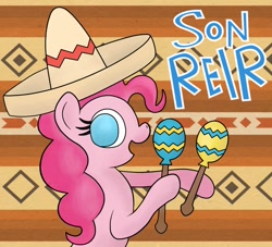 Size: 938x852 | Tagged: safe, artist:xylophon, pinkie pie, earth pony, pony, balloon, maracas, mexican, musical instrument, pattern, smile song, smiling, solo, sombrero, spanish