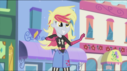 Size: 1360x768 | Tagged: safe, screencap, derpy hooves, equestria girls, life is a runway, canterlot city, clothes, cute, denim skirt, derp, skirt, solo, zipper