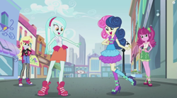 Size: 1263x696 | Tagged: safe, screencap, bon bon, cheerilee, derpy hooves, lyra heartstrings, sweetie drops, equestria girls, life is a runway, alternate costumes, alternate hairstyle, canterlot city, female