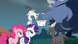 Size: 1054x592 | Tagged: safe, screencap, iron will, pinkie pie, rarity, earth pony, goat, minotaur, pony, unicorn, putting your hoof down, basket, female, male, mare, necktie, nostalgia goat