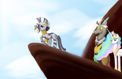 Size: 1024x666 | Tagged: safe, artist:hikariviny, discord, princess celestia, zecora, oc, oc:chaotic, alicorn, hybrid, pony, zebra, crossover, dislestia, female, interspecies offspring, king discord, male, offspring, parent:discord, parent:princess celestia, parents:dislestia, queen celestia, shipping, straight, the lion king