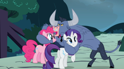 Size: 1054x592 | Tagged: safe, screencap, iron will, pinkie pie, rarity, earth pony, pony, unicorn, putting your hoof down