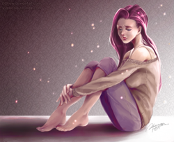 Size: 939x761 | Tagged: safe, artist:ddhew, fluttershy, human, barefoot, clothes, feet, humanized, light skin, off shoulder, sad, sitting, solo, sweater, sweatershy