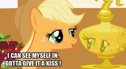 Size: 636x352 | Tagged: safe, edit, edited screencap, screencap, applejack, earth pony, pony, applebuck season, image macro, kissing, love, mirror, narcissism, reflection, selfcest, solo, trophy