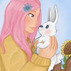 Size: 3000x3000 | Tagged: safe, artist:superlucky13, angel bunny, fluttershy, human, clothes, high res, humanized, light skin, sweater, sweatershy