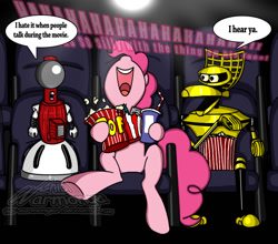 Size: 1135x997 | Tagged: safe, artist:chibi-warmonger, pinkie pie, earth pony, pony, cinema, crossover, crow t robot, drink, futurama, irony, mystery science theater 3000, popcorn, tom servo