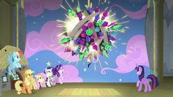 Size: 1280x720 | Tagged: safe, screencap, applejack, fluttershy, rainbow dash, rarity, starlight glimmer, twilight sparkle, twilight sparkle (alicorn), alicorn, dragon, earth pony, pegasus, pony, unicorn, horse play, female, firework sun, fireworks, imminent explosion, male, mare, this will end in explosions