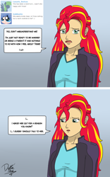Size: 1000x1600 | Tagged: safe, artist:deltalima, sunset shimmer, equestria girls, alternate costumes, dialogue, female, language, lesbian, looking at you, shipping, suntrix, tumblr