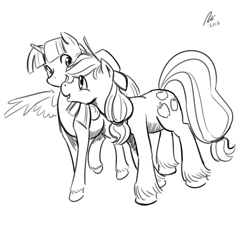 Size: 1200x1200 | Tagged: safe, artist:rwl, applejack, twilight sparkle, twilight sparkle (alicorn), alicorn, earth pony, pony, female, grayscale, lesbian, mare, monochrome, shipping, twijack, unshorn fetlocks