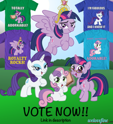 Size: 1024x1124 | Tagged: safe, artist:aleximusprime, derpibooru import, rarity, sweetie belle, twilight sparkle, twilight sparkle (alicorn), alicorn, pony, unicorn, big crown thingy, clothes, contest, female, mare, t-shirt, welovefine