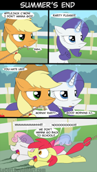 Size: 1600x2830 | Tagged: safe, artist:loceri, apple bloom, applejack, rarity, sweetie belle, earth pony, pony, unicorn, comic:summer's end, back to school, comic, dialogue, dragging, magic, pure unfiltered evil, rope, school term, sisters, slice of life, tail pull, united states