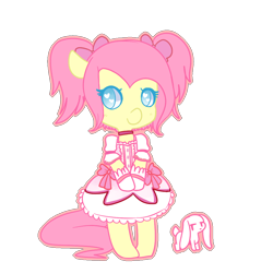 Size: 1000x1000 | Tagged: safe, artist:pegacornss, angel bunny, fluttershy, incubator (species), alternate hairstyle, cosplay, crossover, duo, heart eyes, kyubey, madoka kaname, magical girl, no pupils, puella magi madoka magica, solo, wingding eyes