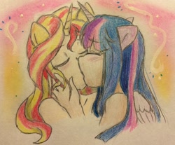 Size: 800x663 | Tagged: safe, artist:fallenangel5414, sunset shimmer, twilight sparkle, twilight sparkle (alicorn), alicorn, anthro, human, equestria girls, blushing, eyes closed, female, horned humanization, human coloration, humanized, kissing, lesbian, nudity, ponied up, shipping, sunsetsparkle, traditional art