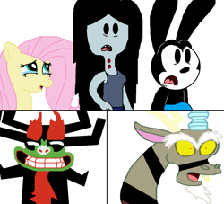 Size: 1024x929 | Tagged: safe, artist:ozzyguy, discord, fluttershy, pegasus, pony, adventure time, aku, crossover, marceline, oswald the lucky rabbit