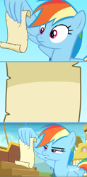 Size: 1140x2326 | Tagged: safe, derpibooru import, rainbow dash, pegasus, pony, grannies gone wild, blank, image macro, meme, message, rainbow dash reading a scroll, scroll, solo, template