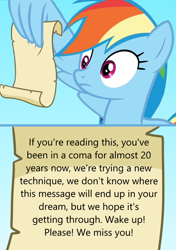 Size: 722x1024 | Tagged: safe, derpibooru import, rainbow dash, pegasus, pony, grannies gone wild, exploitable meme, gaslighting, meme, rainbow dash reading a scroll, solo