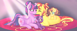 Size: 1280x521 | Tagged: safe, artist:microwaved-box, sunset shimmer, twilight sparkle, twilight sparkle (alicorn), oc, oc:daybreak, oc:eventide, alicorn, pony, unicorn, alternate hairstyle, boop, cute, eyes closed, family, female, filly, lesbian, magical lesbian spawn, mare, next generation, noseboop, nuzzling, offspring, one eye closed, parent:sunset shimmer, parent:twilight sparkle, parents:sunsetsparkle, shimmerbetes, shipping, sunsetsparkle, twiabetes