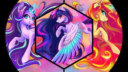 Size: 1920x1080 | Tagged: safe, artist:wilvarin-liadon, edit, starlight glimmer, sunset shimmer, twilight sparkle, twilight sparkle (alicorn), alicorn, pony, unicorn, circle, color porn, colored wings, crown, eyestrain warning, female, flying, glowing horn, hexagon, impossibly large hair, impossibly large tail, jewelry, jumping, long hair, long mane, long tail, mare, multicolored wings, rainbow power, regalia, remake, smiling, sts trinity, wallpaper