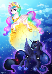 Size: 2480x3507 | Tagged: safe, artist:twigileia, princess celestia, princess luna, alicorn, pony, duo, duo female, female, moon, prone, smiling, spread wings, sun, tangible heavenly object