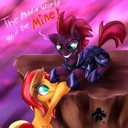 Size: 3000x3000 | Tagged: safe, artist:katakiuchi4u, sunset shimmer, tempest shadow, pony, unicorn, my little pony: the movie, armor, atg 2017, broken horn, cliff, dialogue, eye scar, female, imminent death, imminent murder, long live the king, mare, movie reference, newbie artist training grounds, prone, scar, scar on the wrong side, the lion king